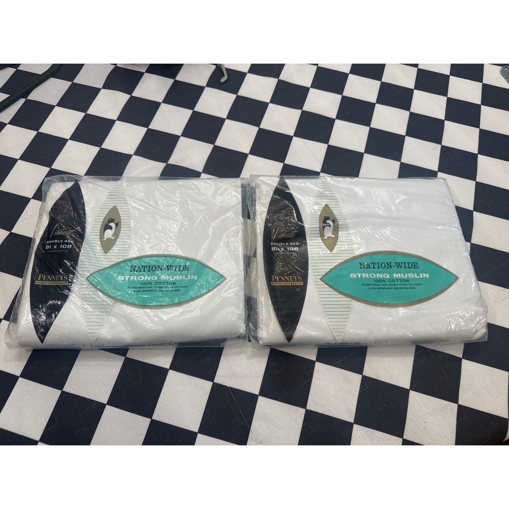 Vintage Penney Strong Muslin White 100% Cotton Double Bed Sheets Set 2 old stock